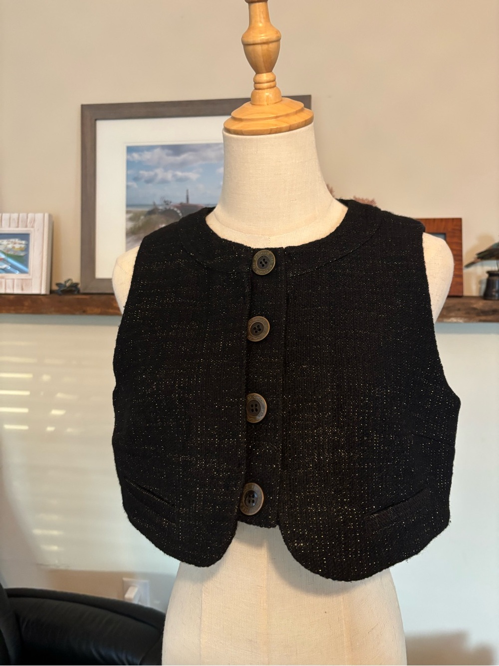 See By Chloé Black Tweed Cropped Vest with Metallic Thread